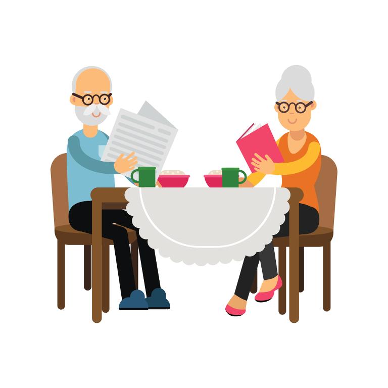 Illustration af ældre læsende par ved bord